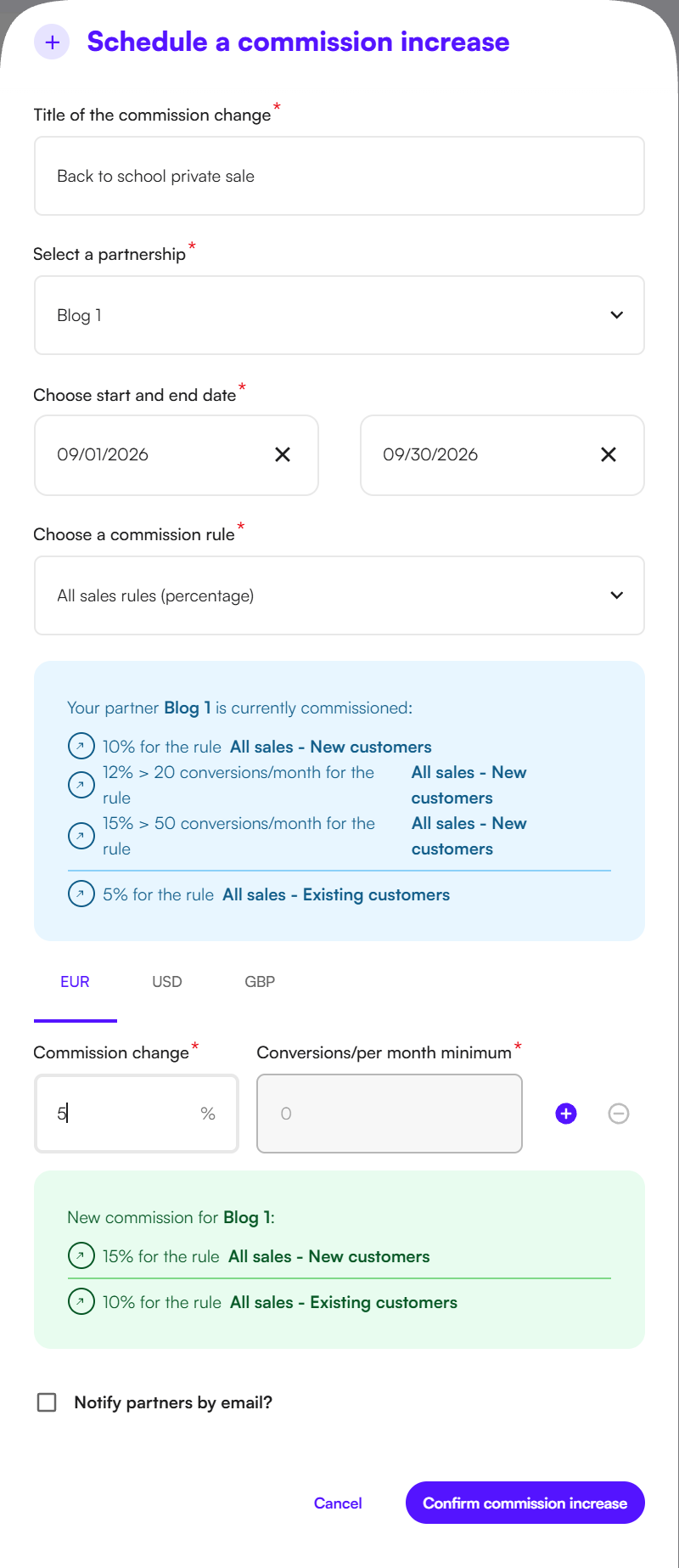Panel for creating a commission increase