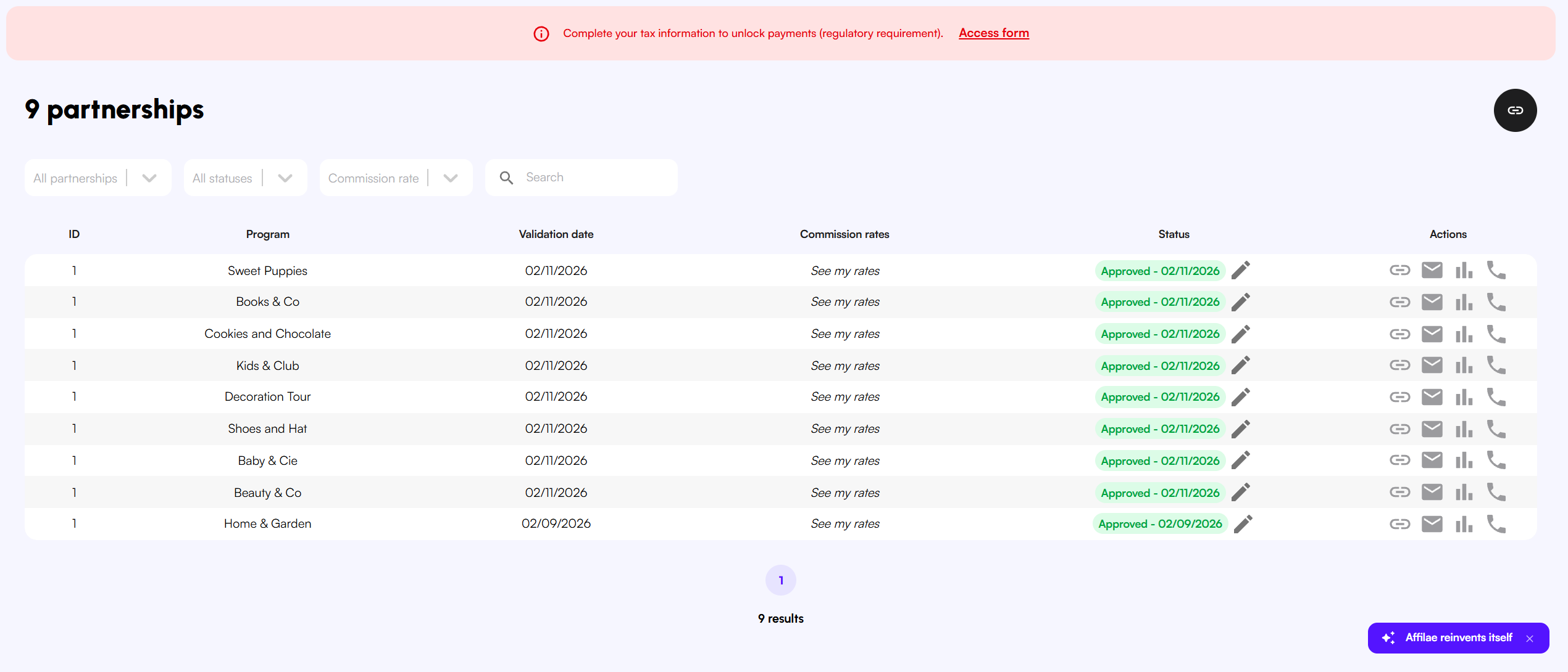 la colonne Status avec plusieurs statuts différents, et la colonne « See my rates »