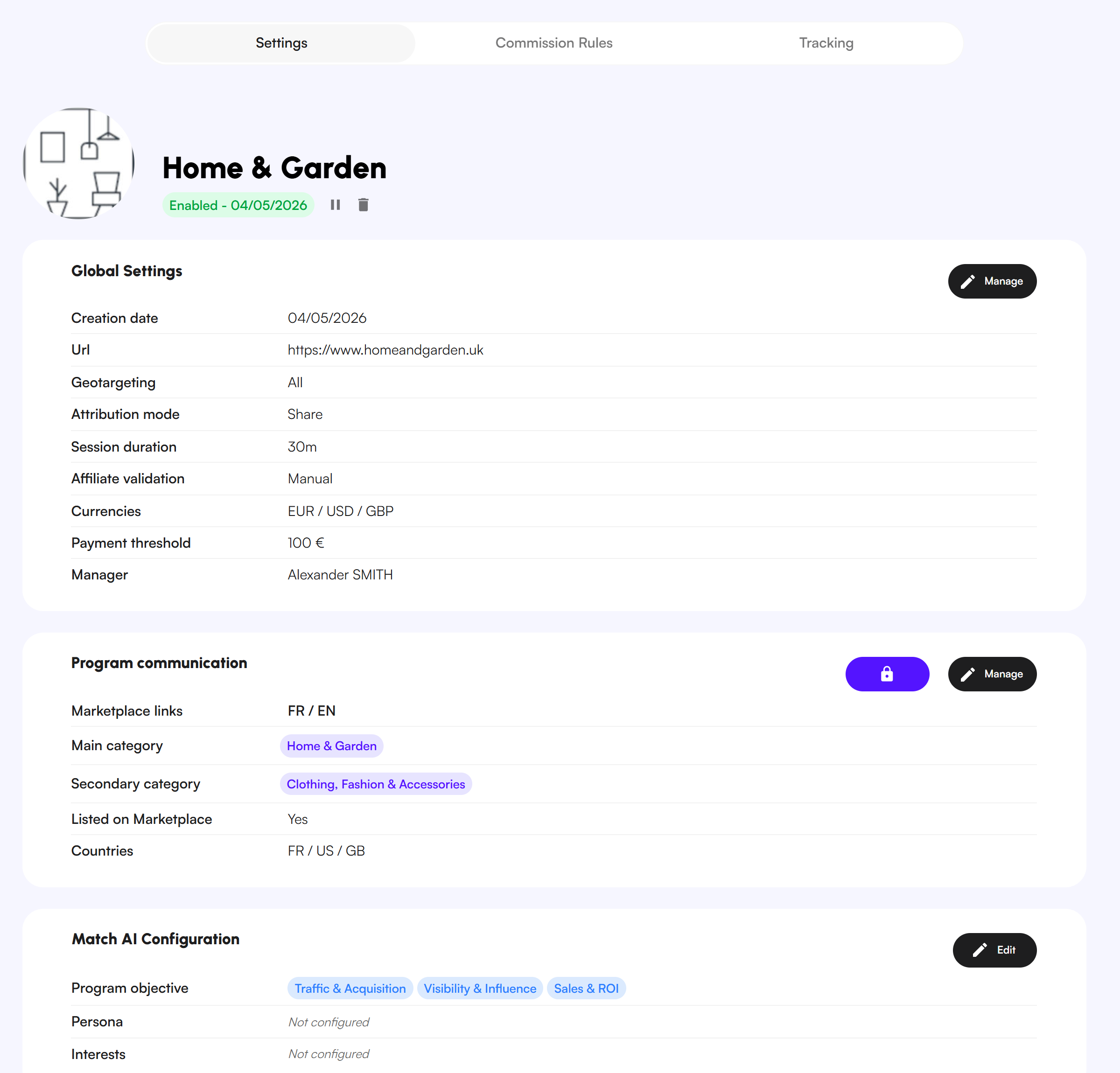 The Program settings page and its three blocks, each with its Manage button.