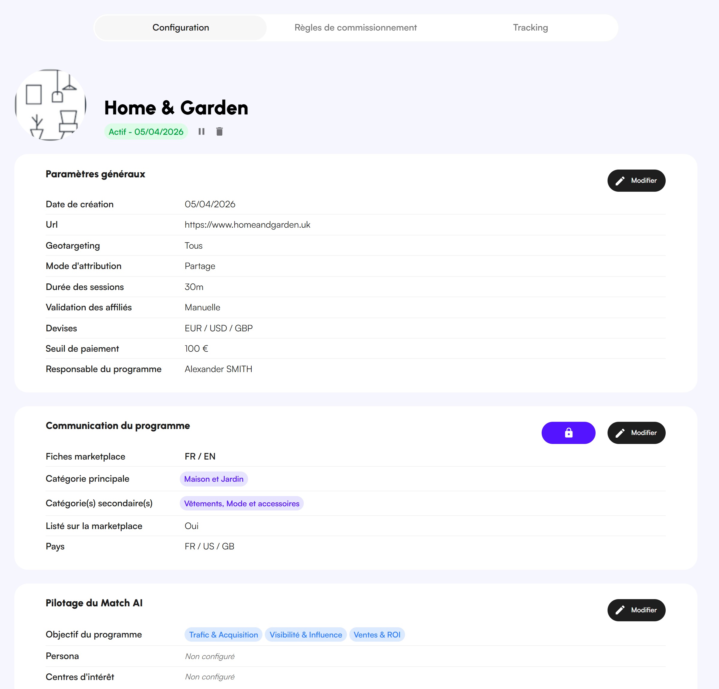 La page Configuration du programme et ses trois blocs, chacun avec son bouton Modifier.