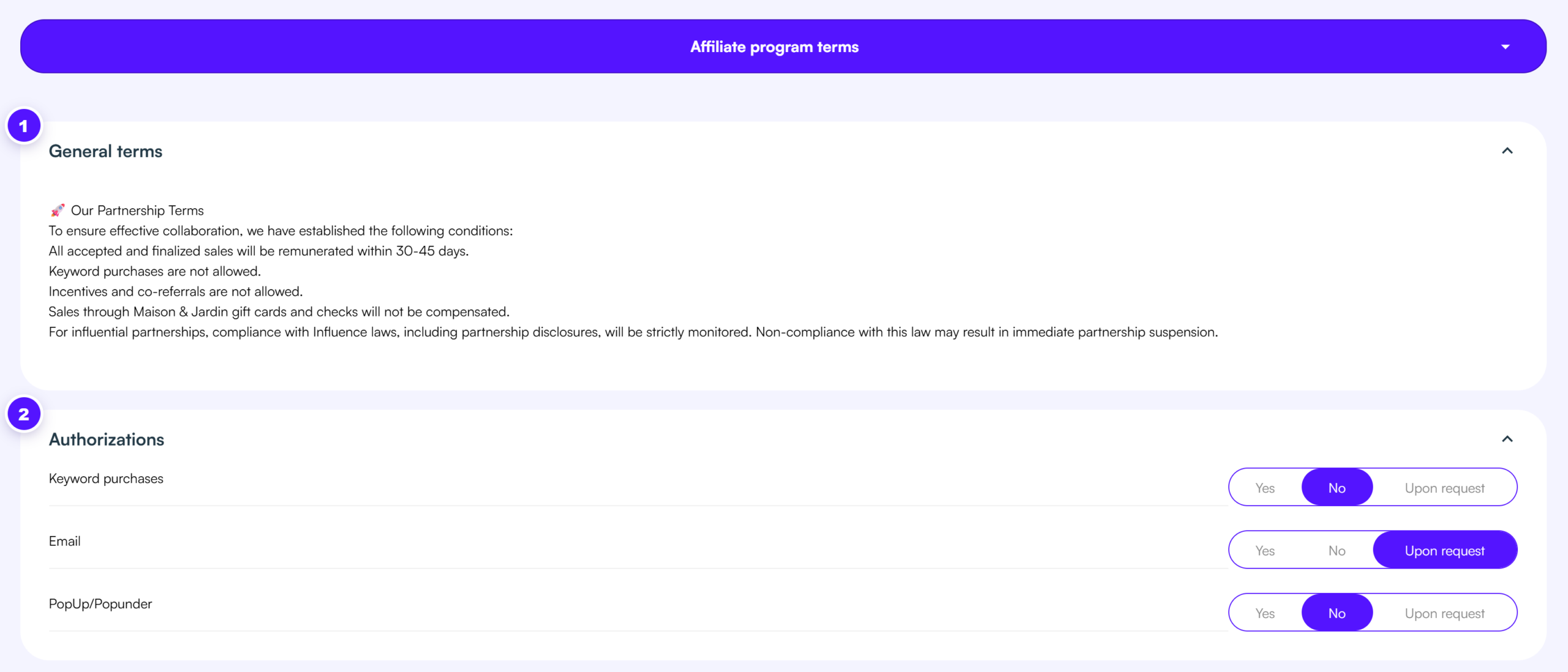 The Affiliate program terms tab: your terms as plain text, then your three authorizations as Yes, No or Upon request.