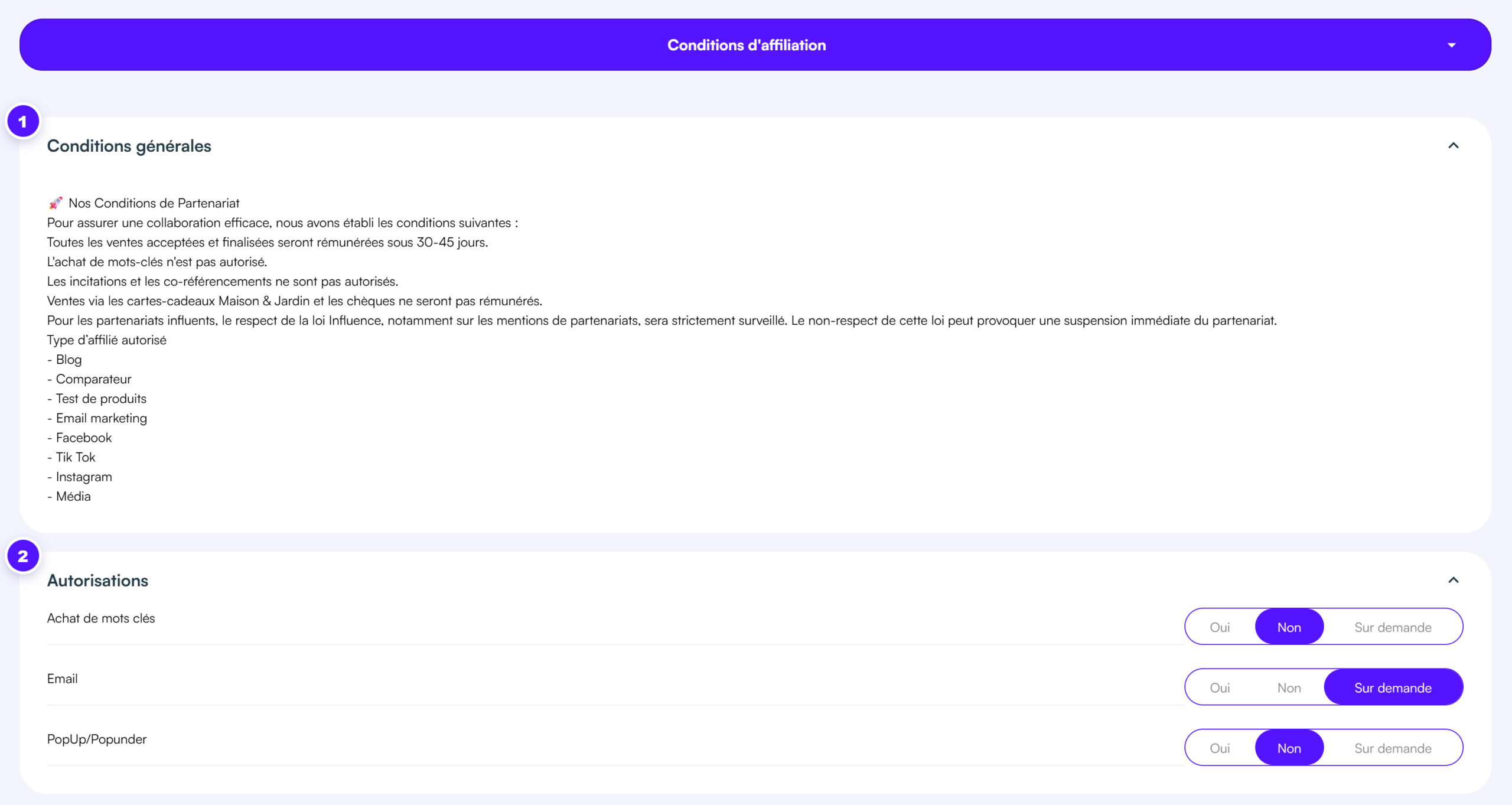 L'onglet Conditions d'affiliation : vos conditions en texte brut, puis vos trois supports en Oui, Non ou Sur demande.