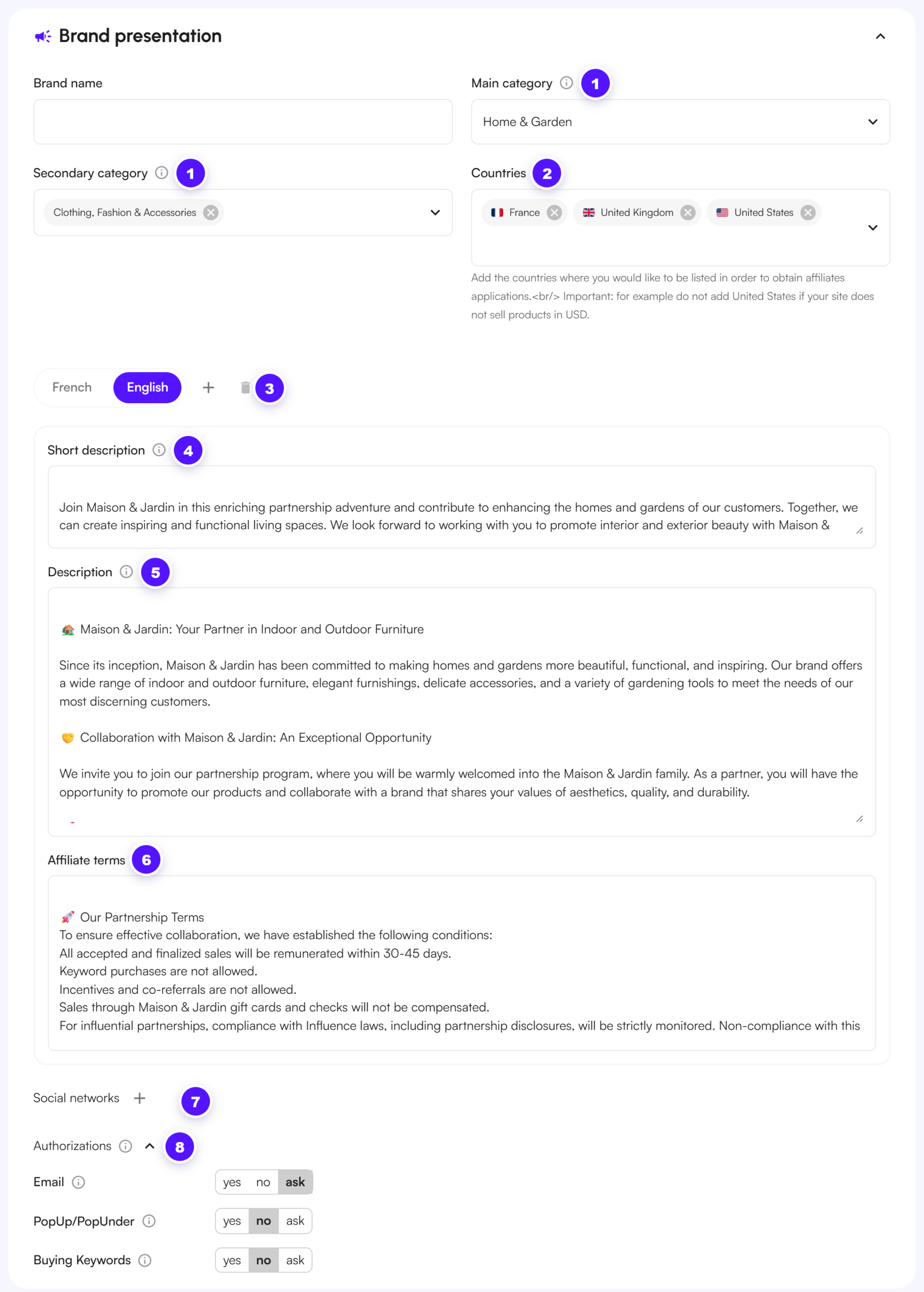 The Brand presentation section, with its eight fields numbered in the order of the golden rules.