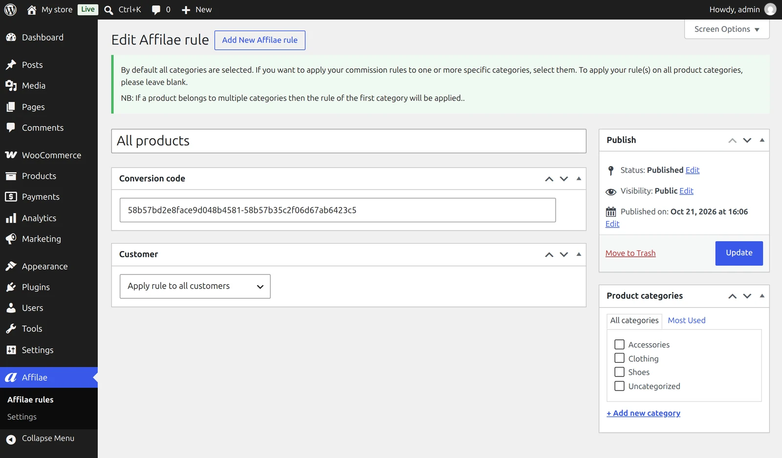 Affilae rule edit screen in WordPress, with the Conversion code, Customer and Product categories boxes