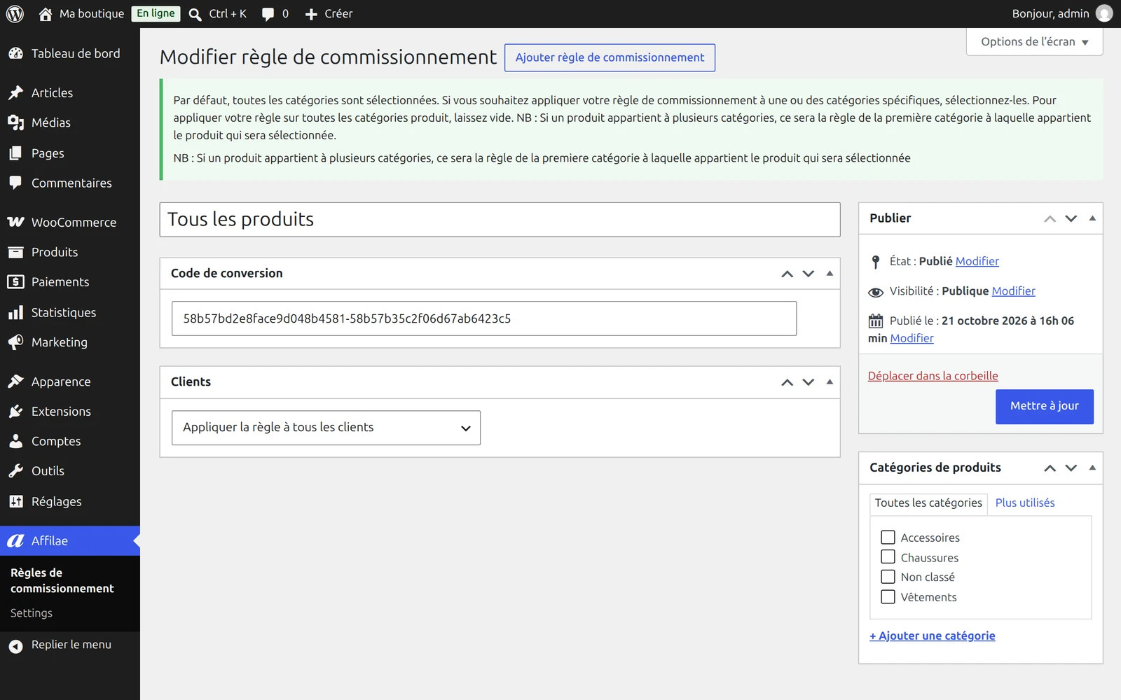 Écran d'édition d'une règle Affilae dans WordPress, avec les encadrés Code de conversion, Clients et Catégories de produits