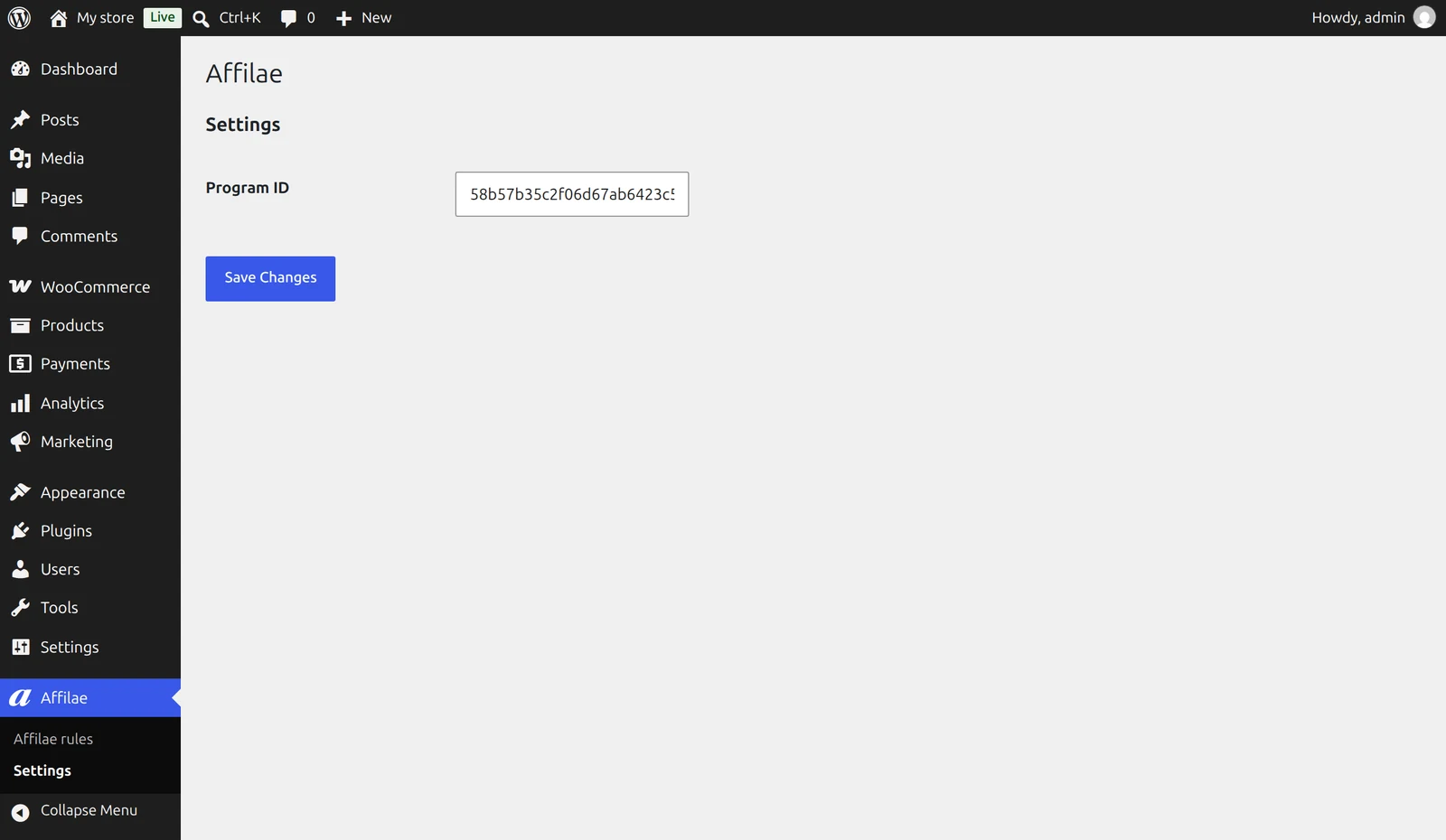 Affilae Settings screen of the WooCommerce plugin, with the Program ID field