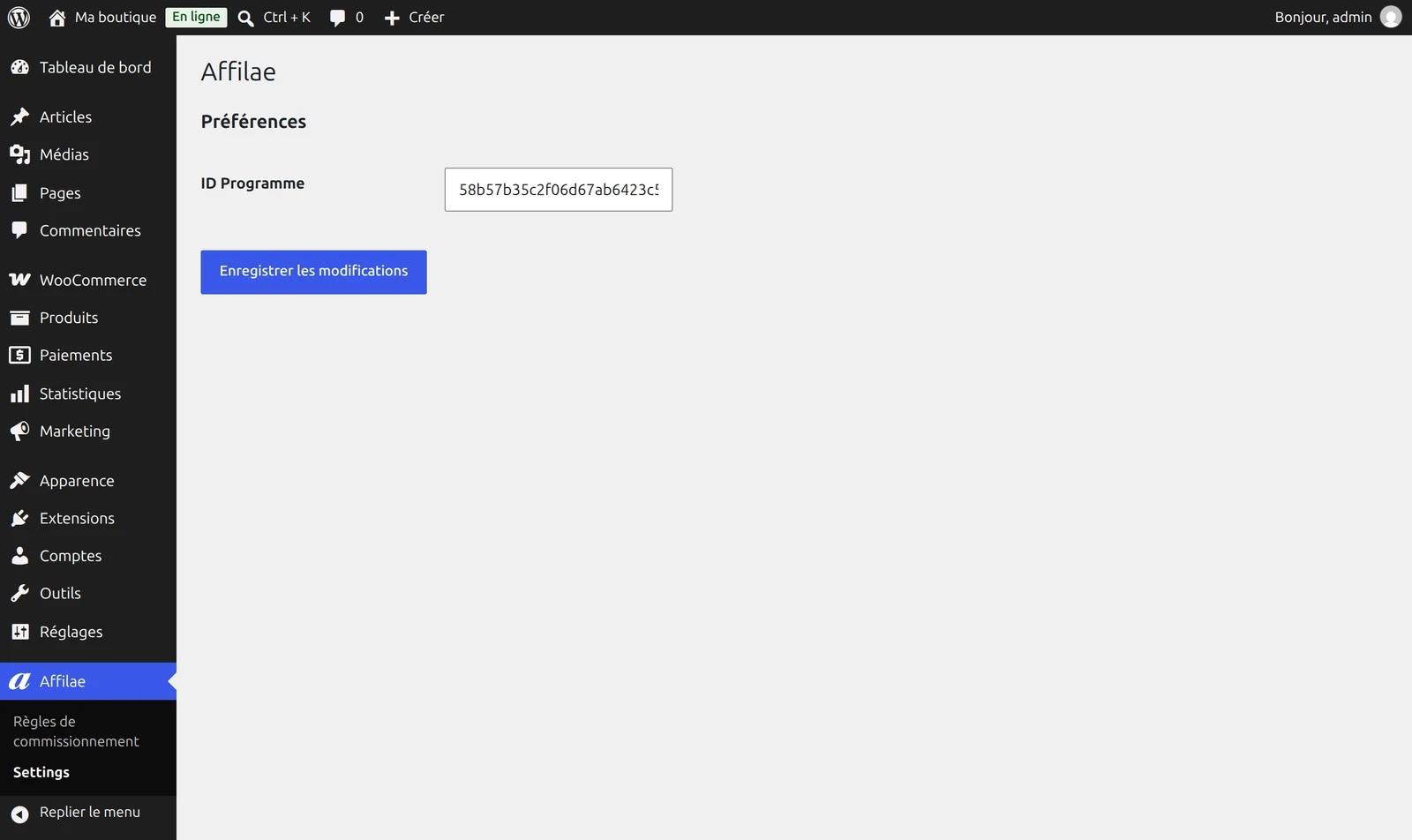 Écran Affilae Settings du module WooCommerce, avec le champ ID Programme